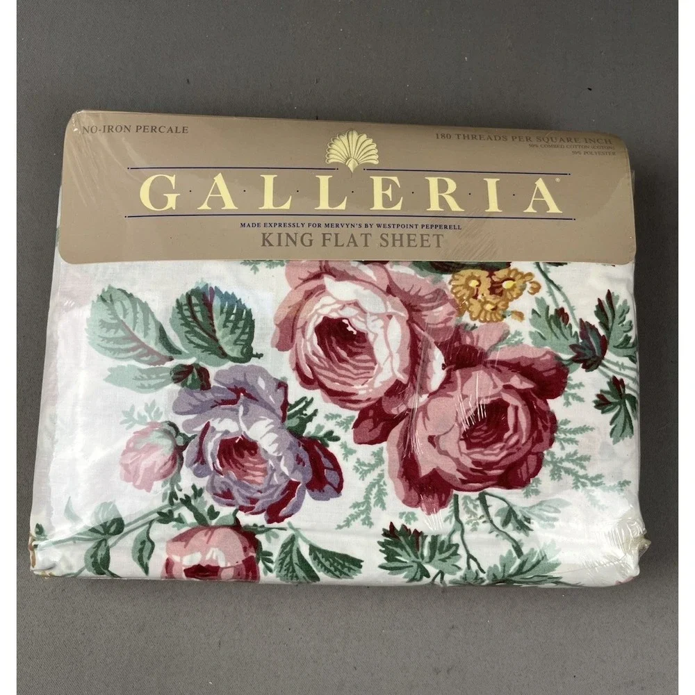 VTG Galleria For Mervyn's King Flat Sheet 180 Thread 90s Floral Virginia Reel